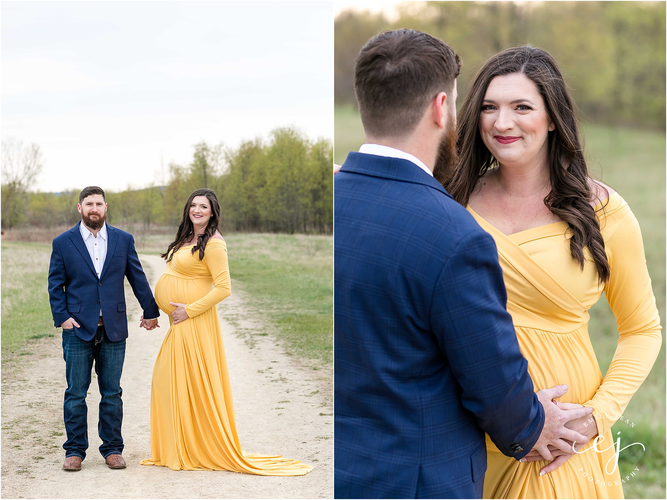 Wisconsin professional maternity photo husband and wife in navy and blue and yellow