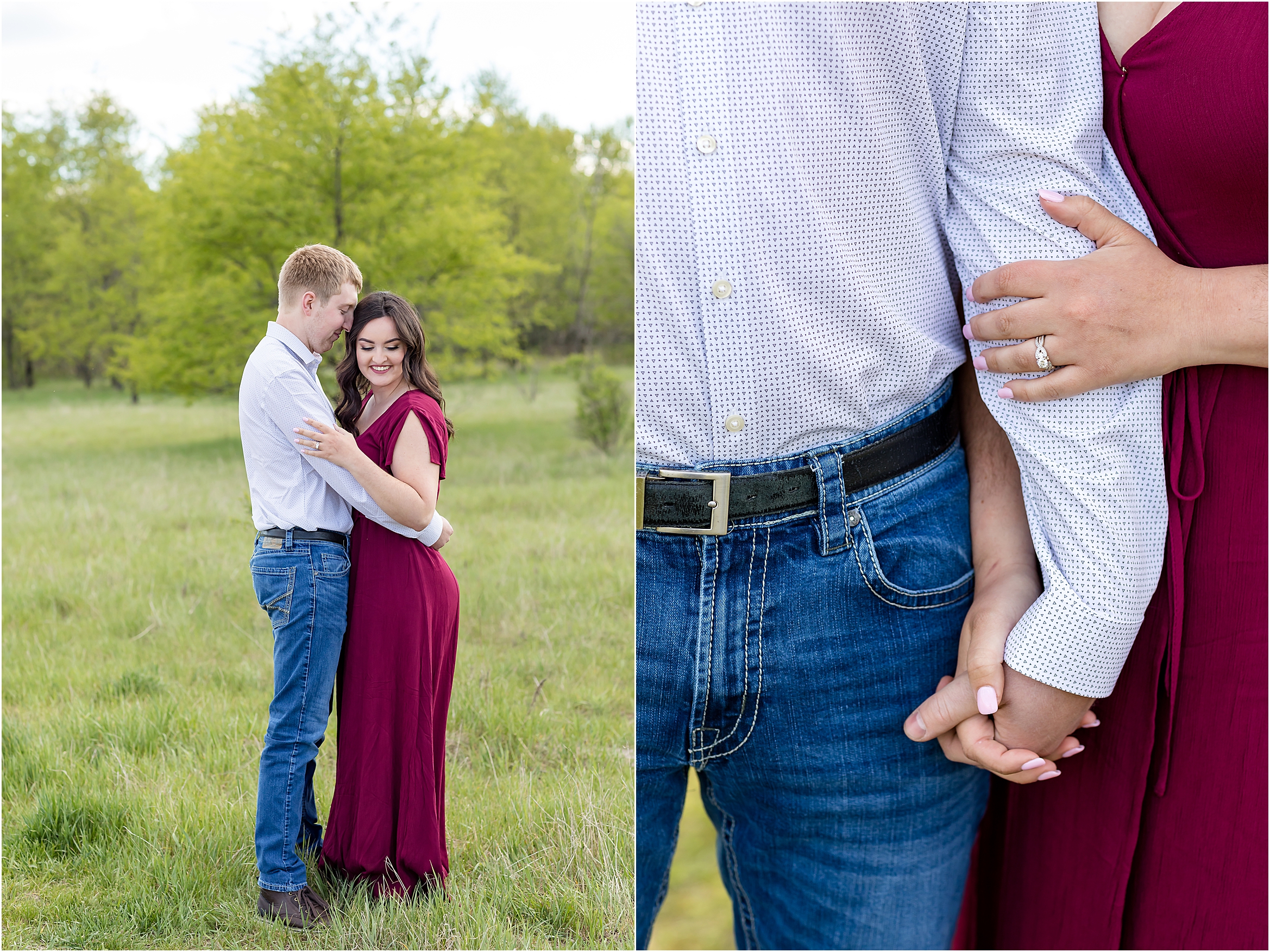 red dress on woman for engagement pictures in wisconsin