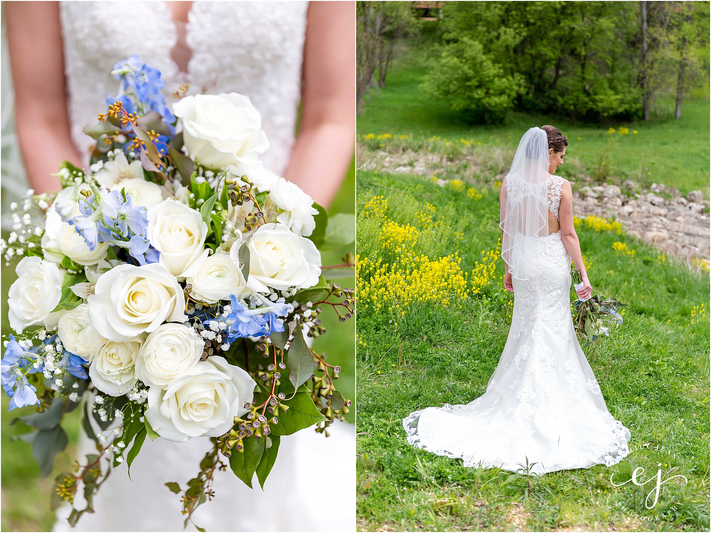 bride's blue and white bouquet