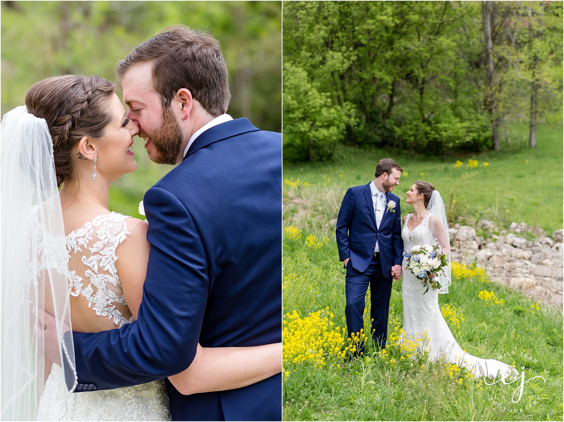 bride and groom standing in wildflowers at stoney creek hotel in wisconsin