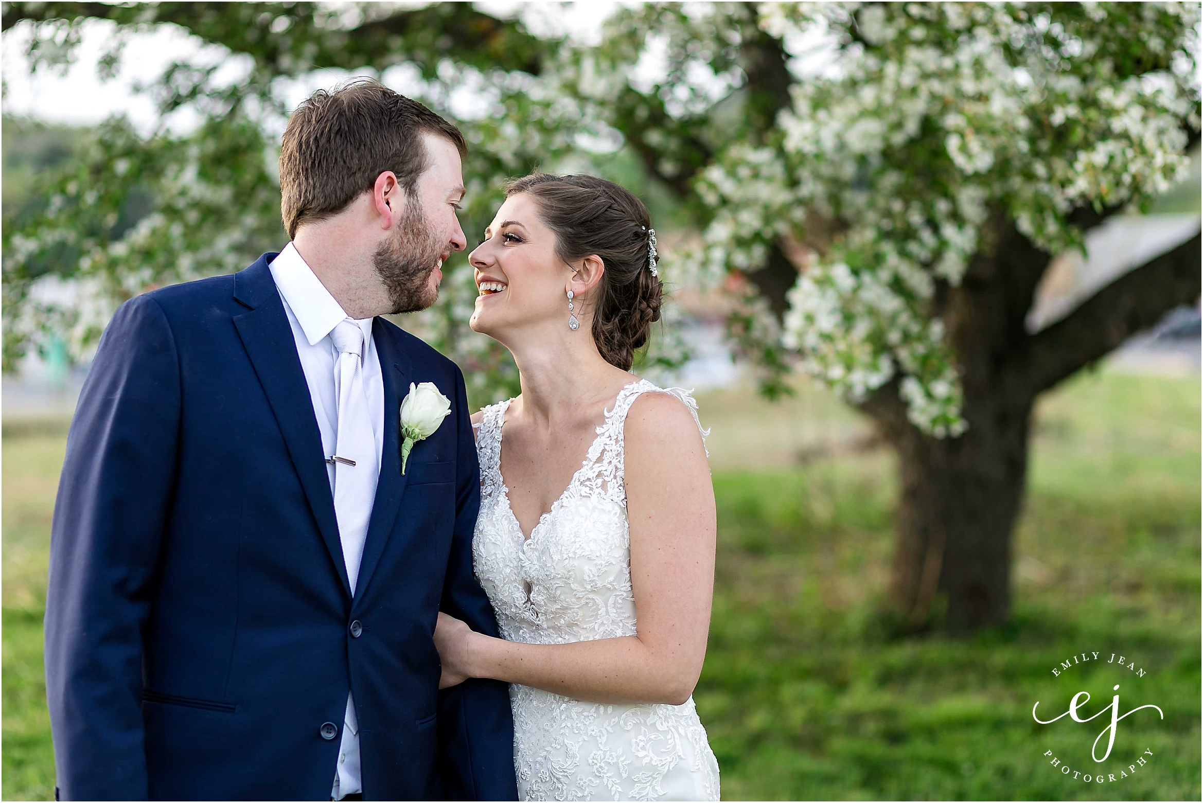bride and groom standing in front of spring tree blooming with flowers