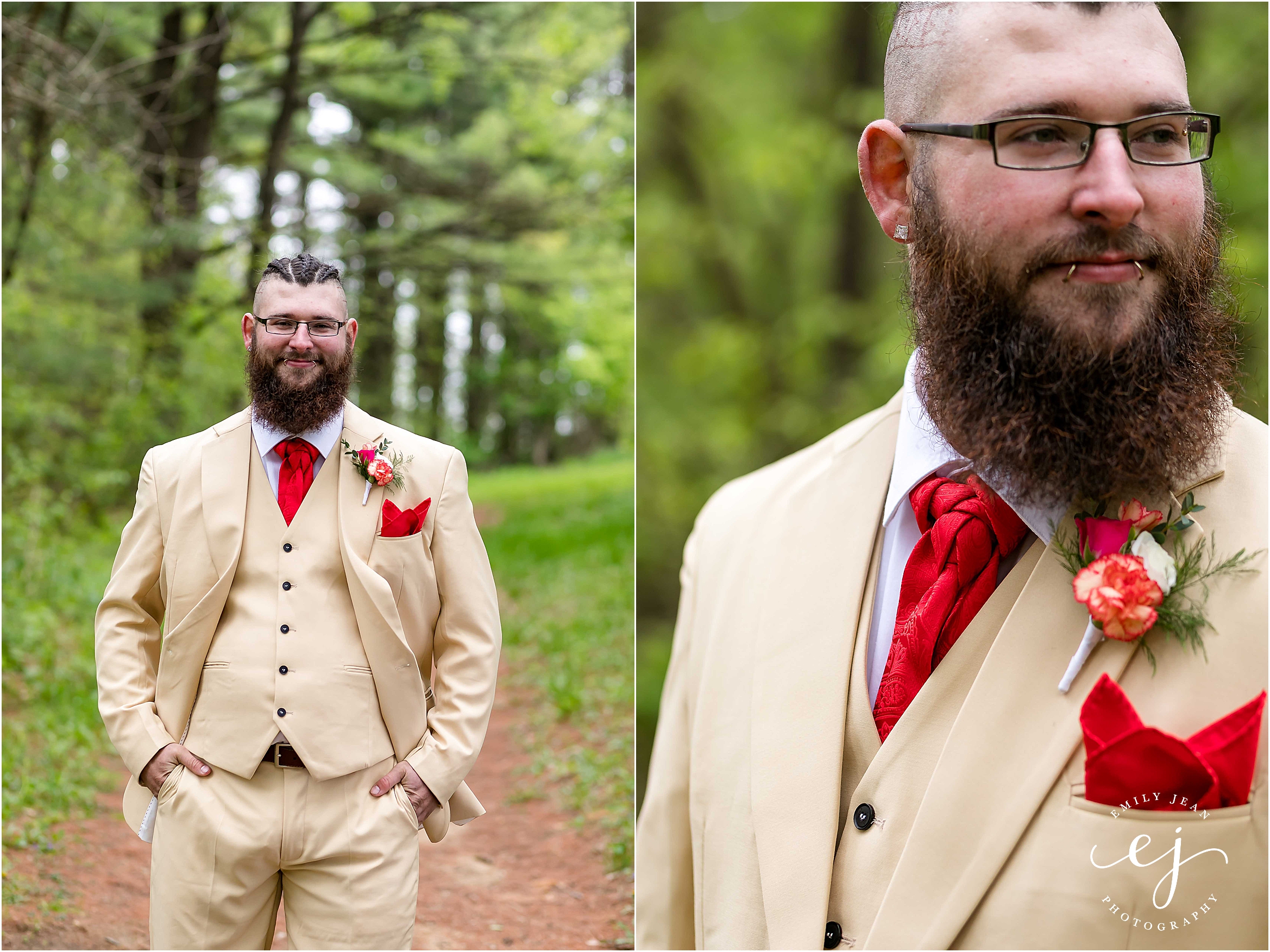 groom beige suit red tie at wildcat mountain state park wisconsin