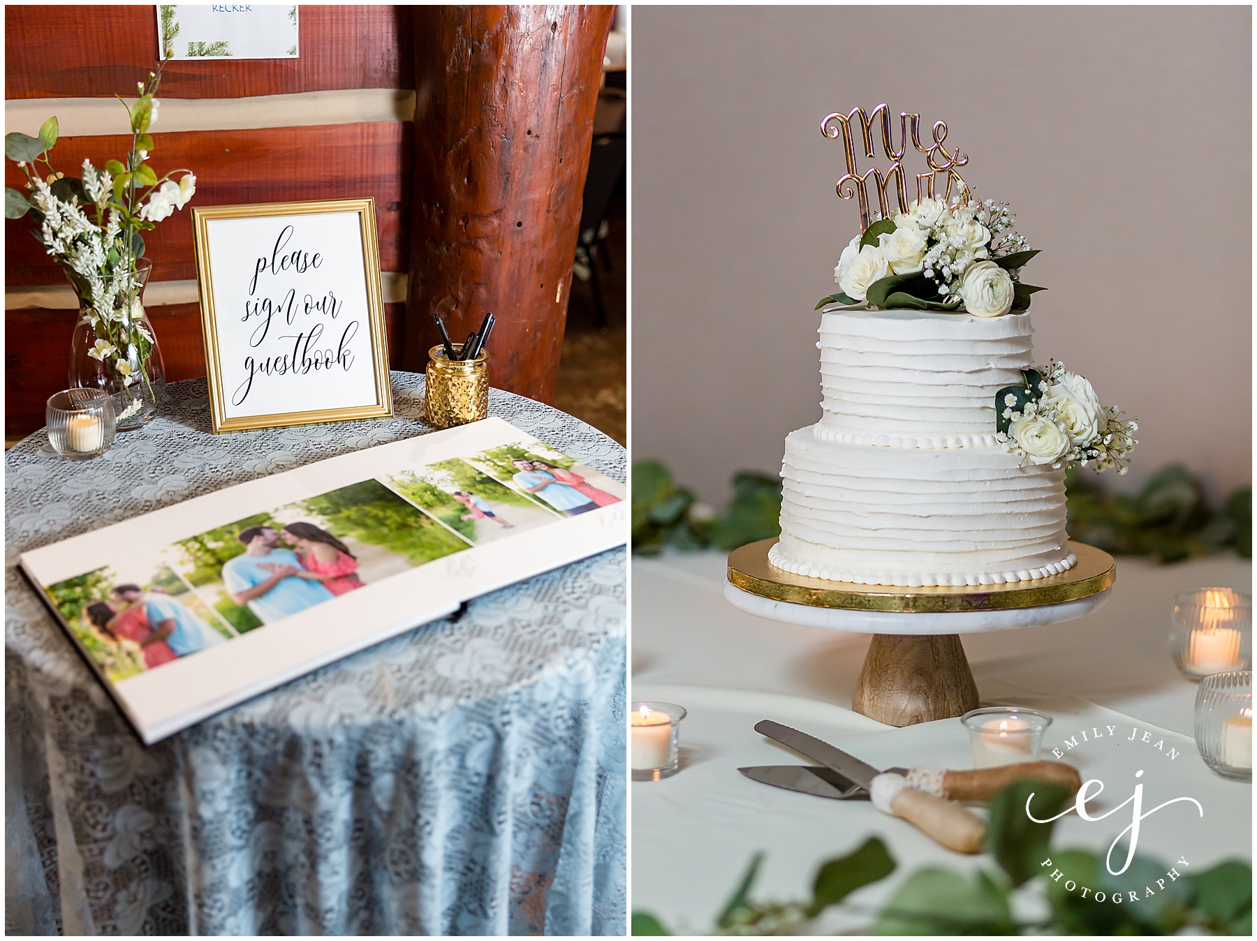 cake and guest book stand at stoney creek hotel reception