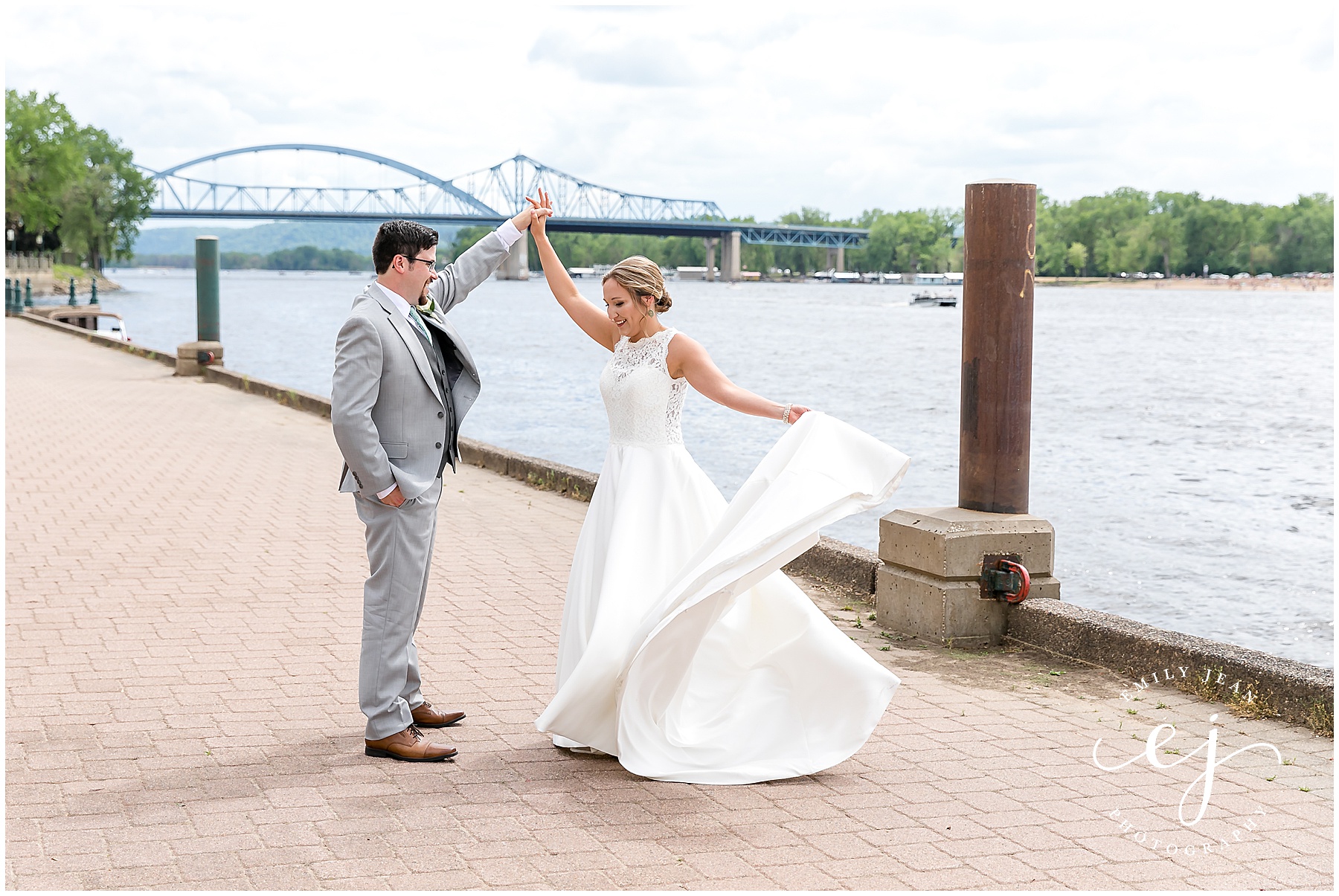 blue bridge bride and groom portrait waterfront