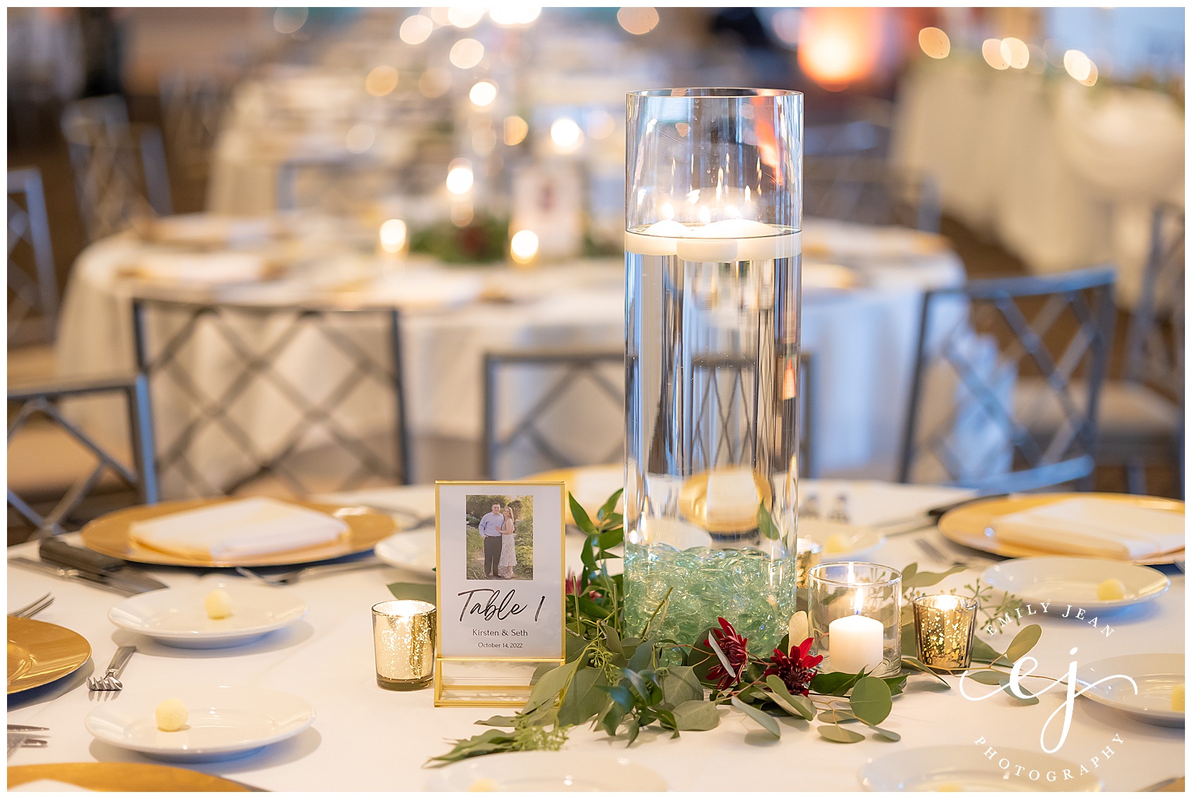 gold elegant candlelit wedding reception table with engagement photo