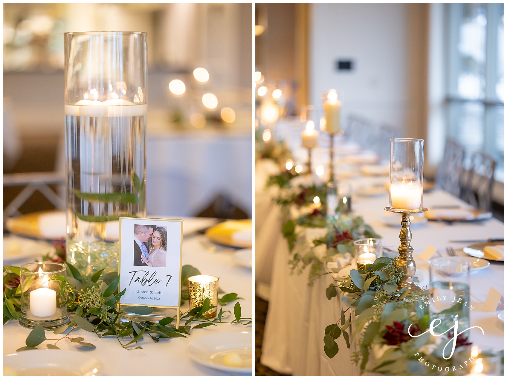 gold elegant candlelit wedding reception table with engagement photo