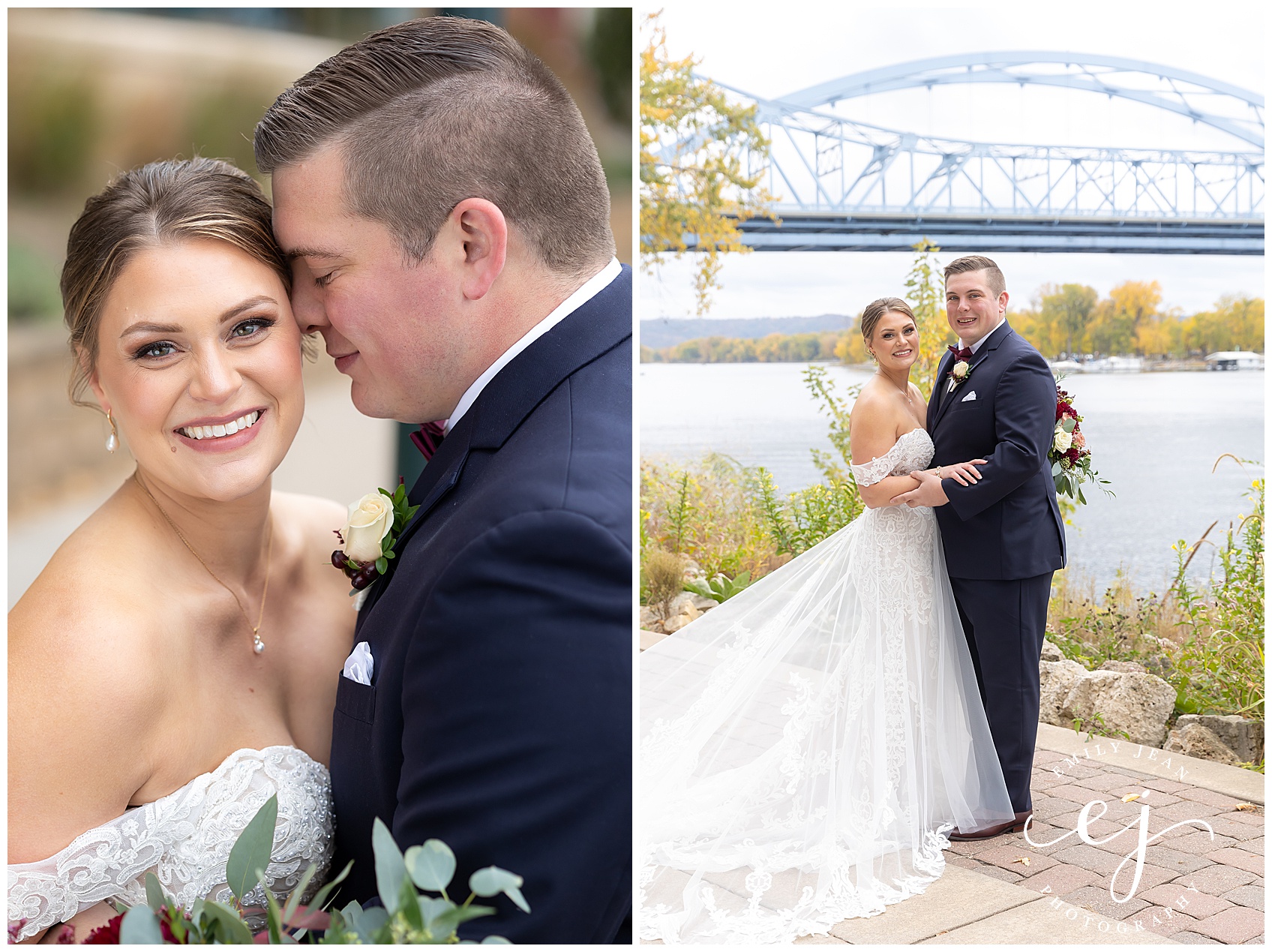 bride and groom portraits outside with the river and bridge in the background