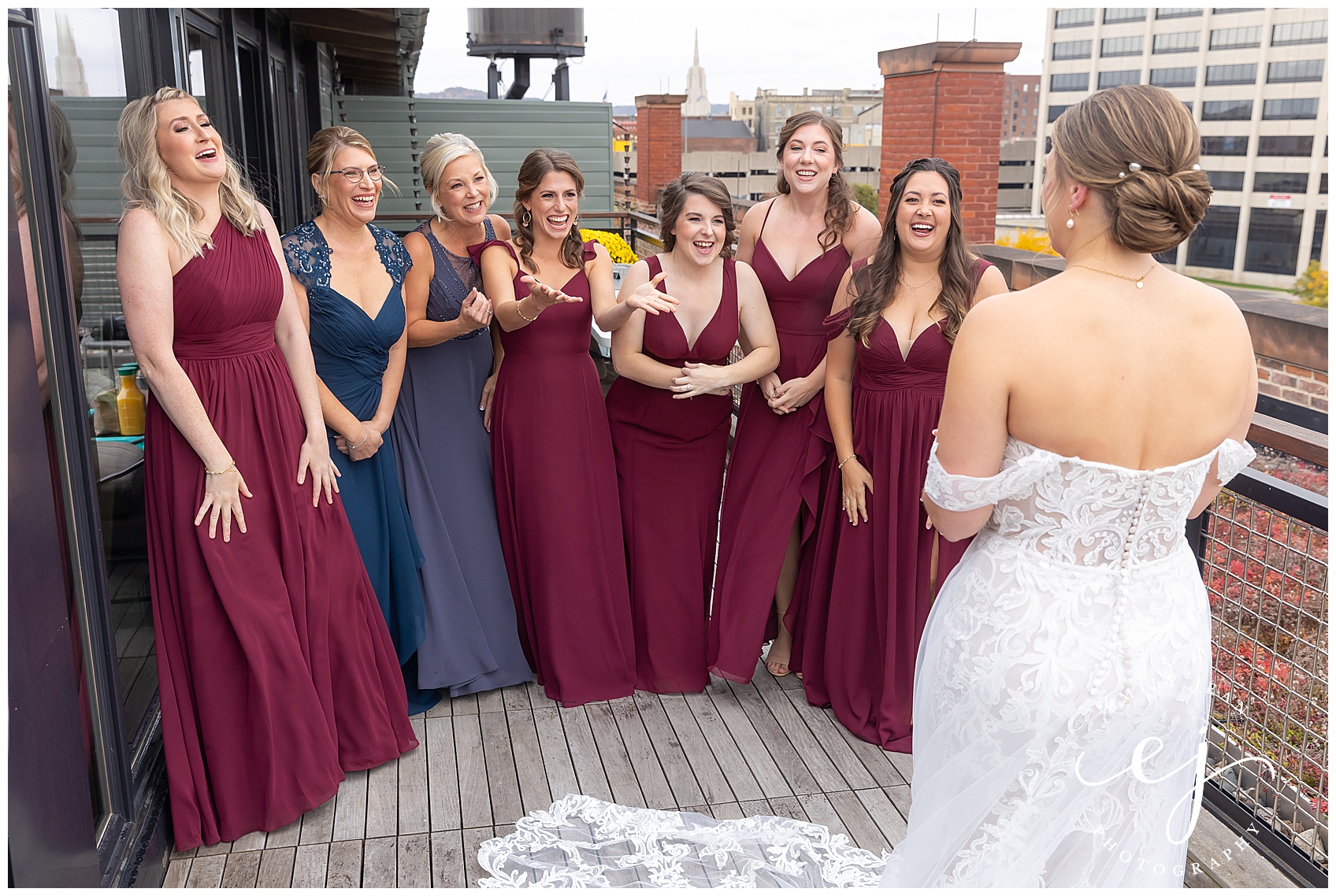 bridesmaid reaction to seeing bride the for the first time at the charmant hotel la crosse wisconsin