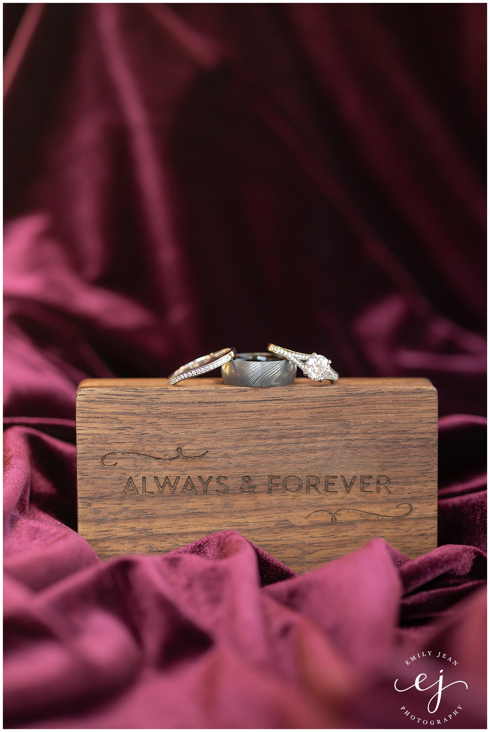 rings and ring box with burgundy velvet fabric