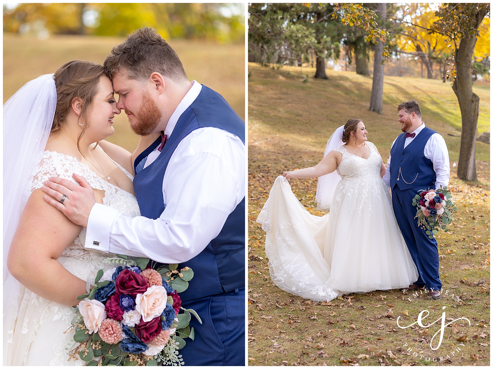 outdoor portraits of bride and groom at myrick park burgundy and navy