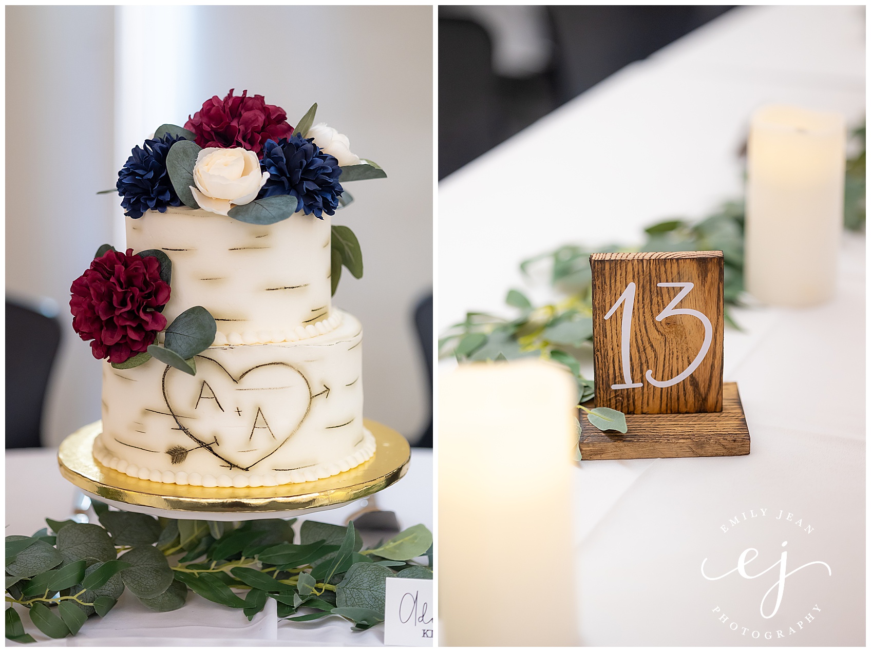 birch tree wedding cake and rustic wood table numbers
