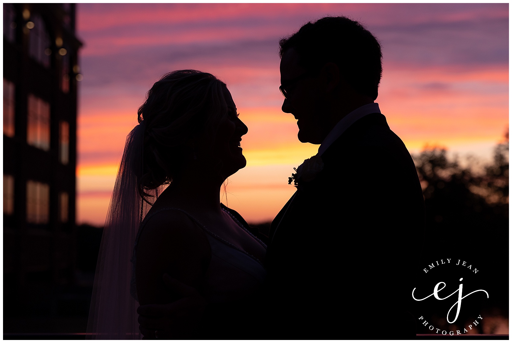 sunset portrait of bride and groom silhouette