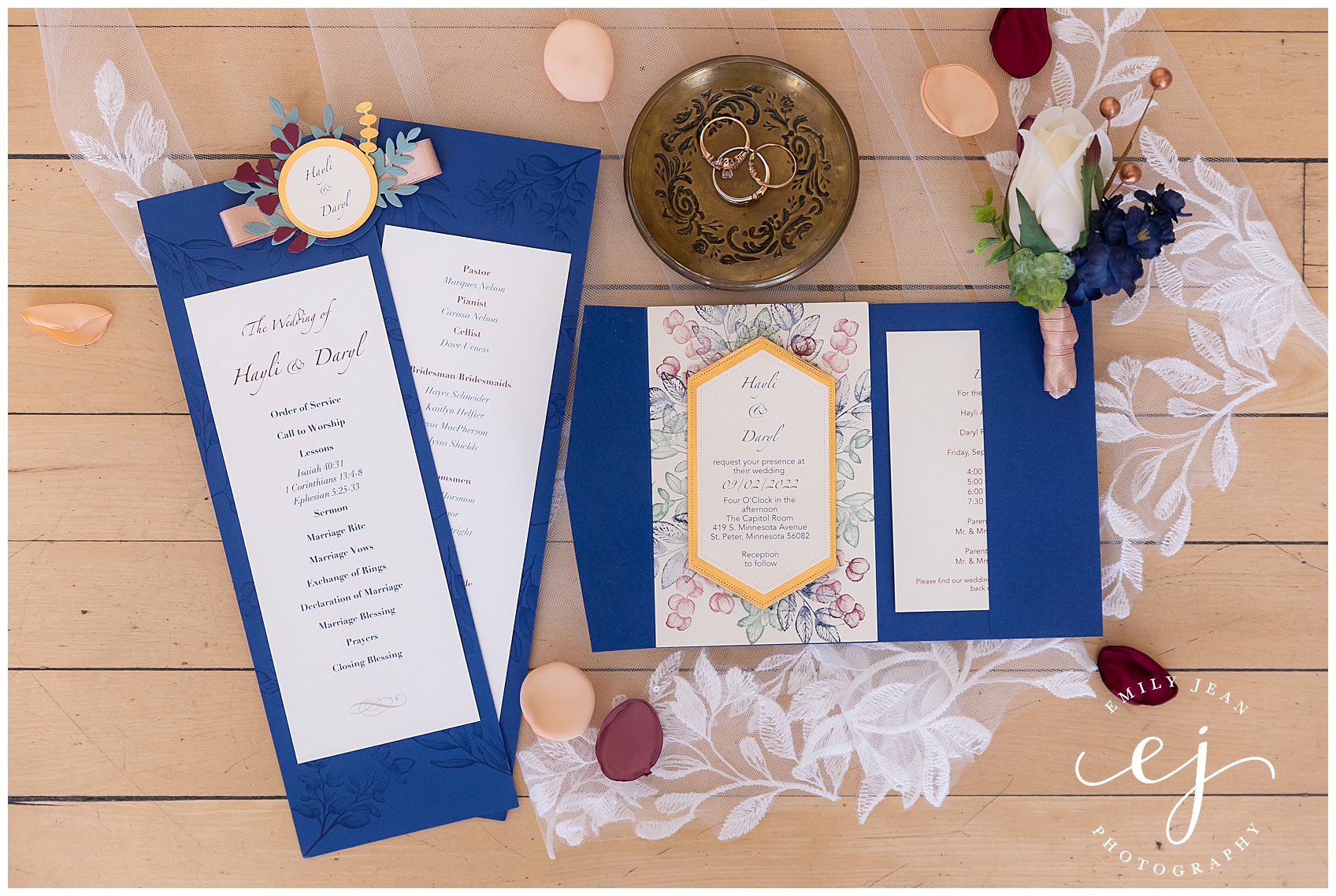 invitation suite rings and details for wedding flat lay