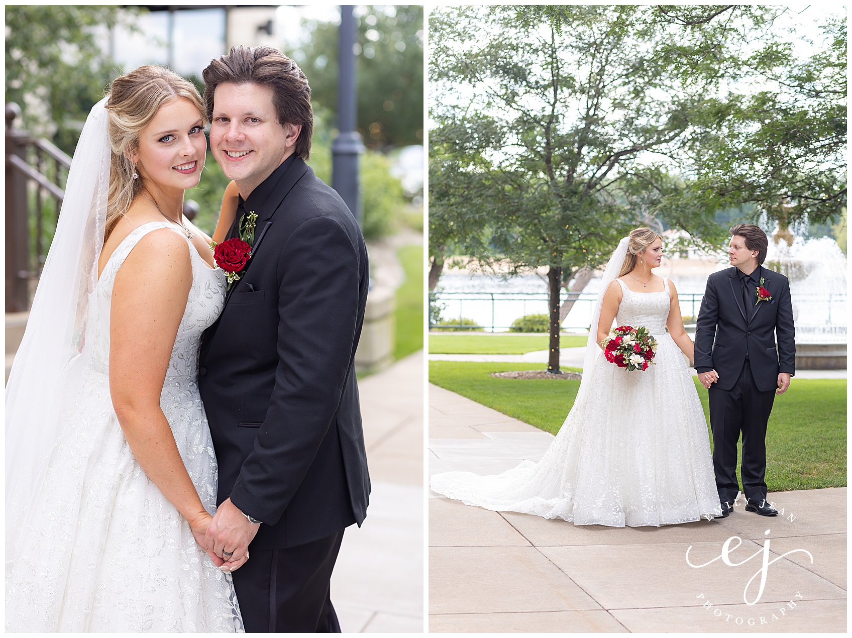 bride and groom romantic portraits courtyard near mississippi river