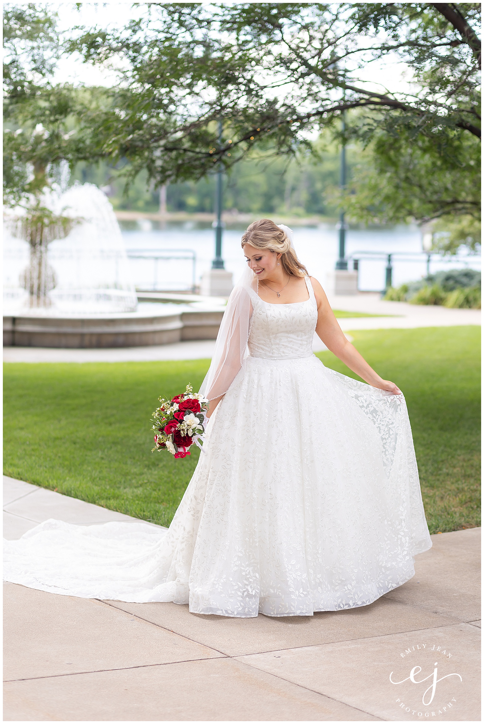 bride twirling gown at the cargill room fountain