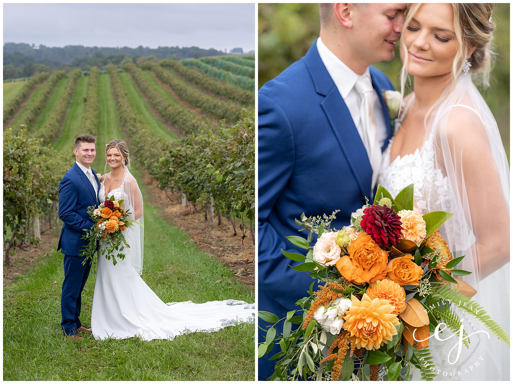 portrait of bride and groom in vernon vineyard pedretti blue suit and orange flowers