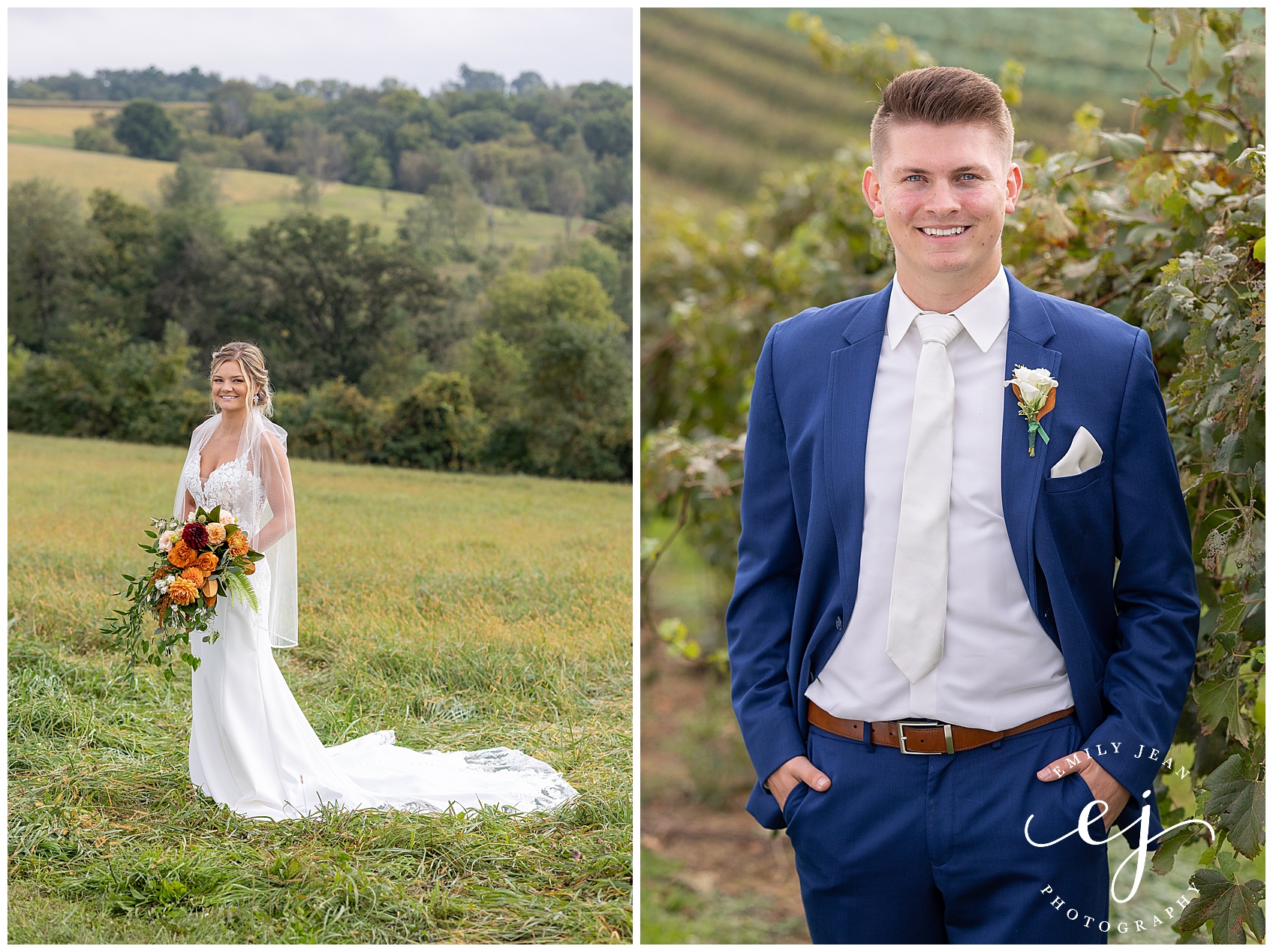 individual photos of bride and groom navy and orange wedding