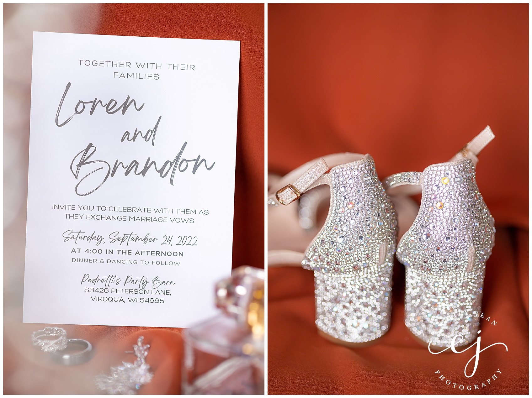 sparkle heel shoes and invitation with dark orange background