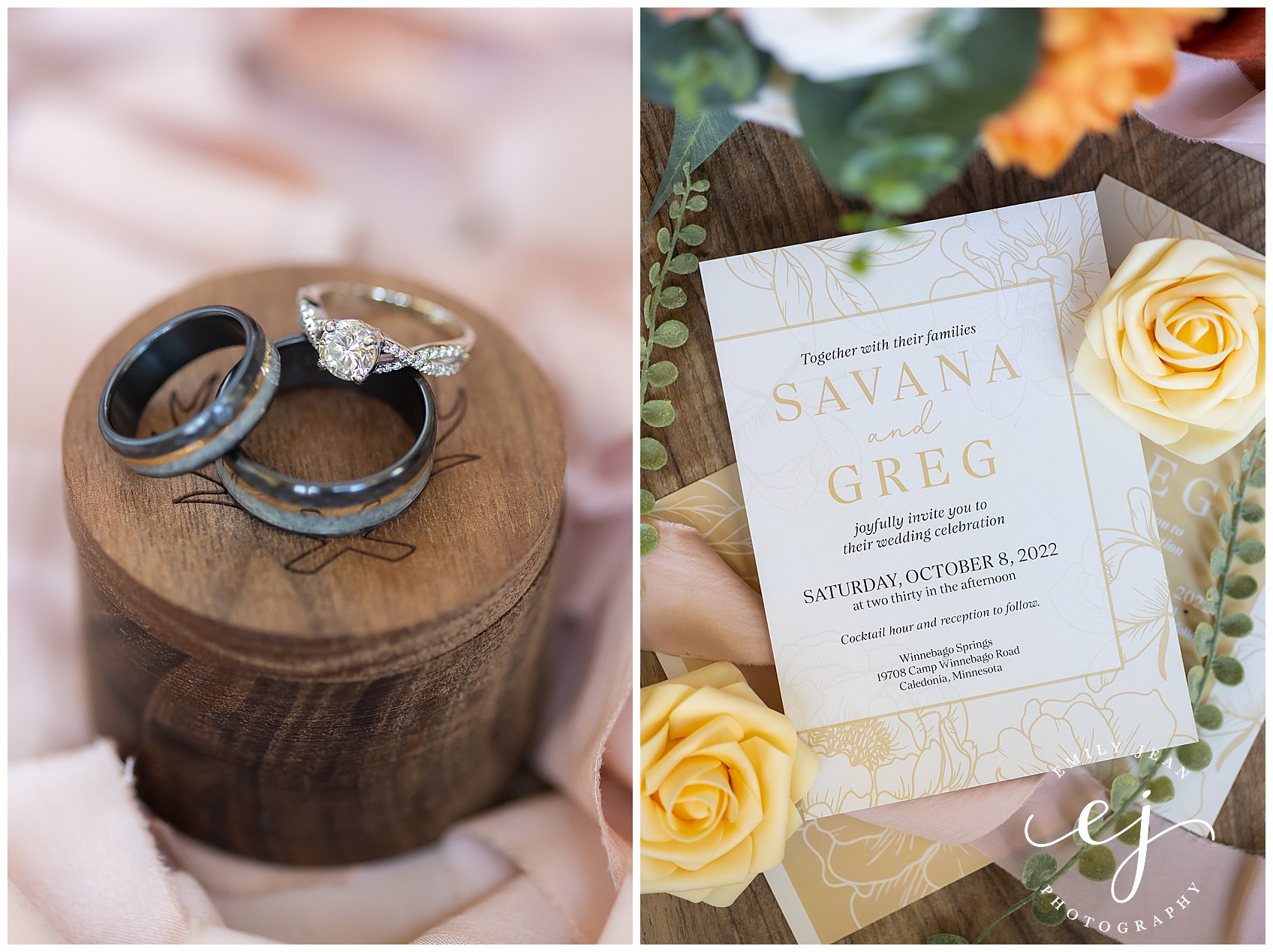 wooden ring box and wedding invitation