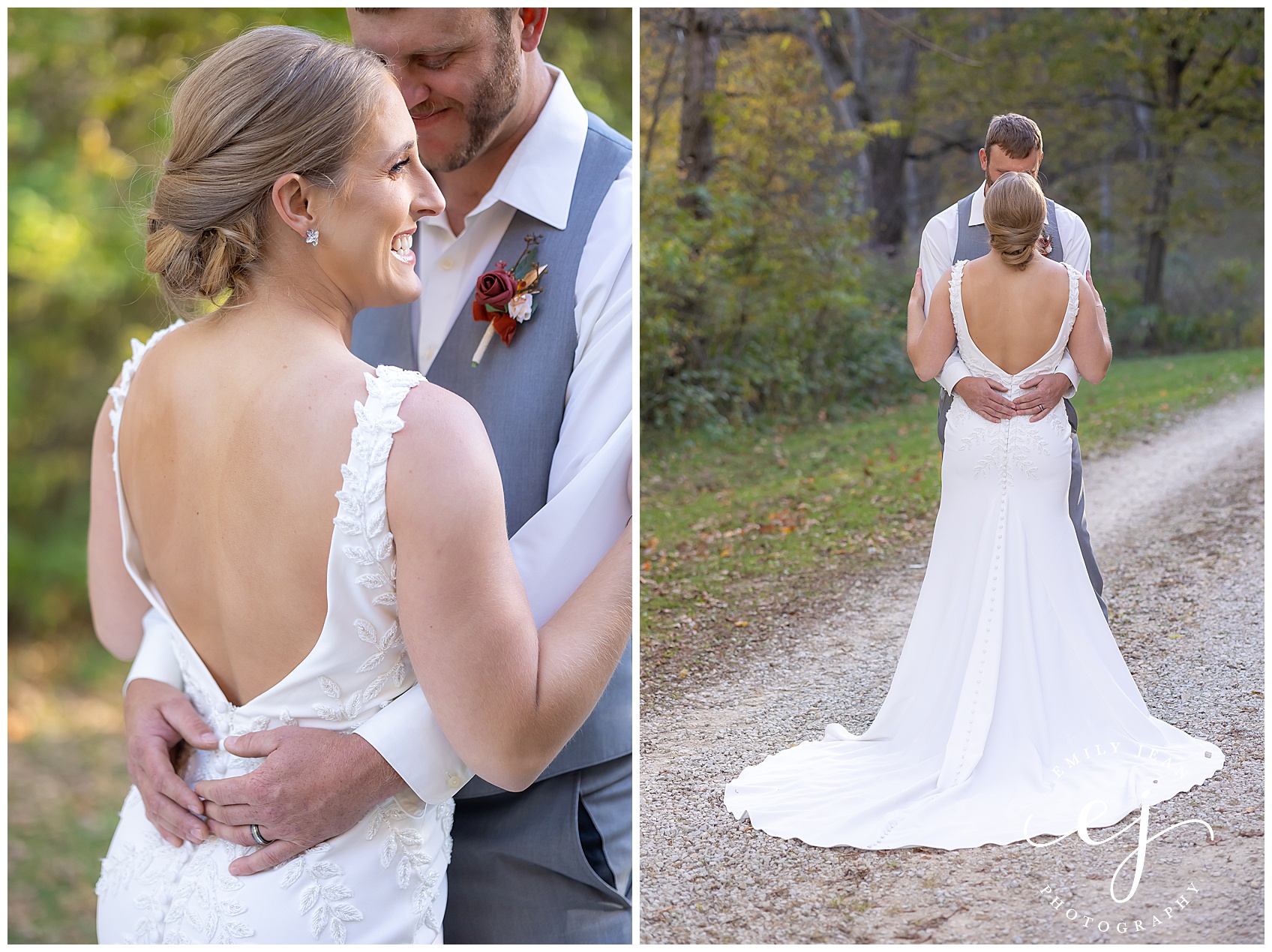 bride and groom arms wrapped around standing on a gravel road