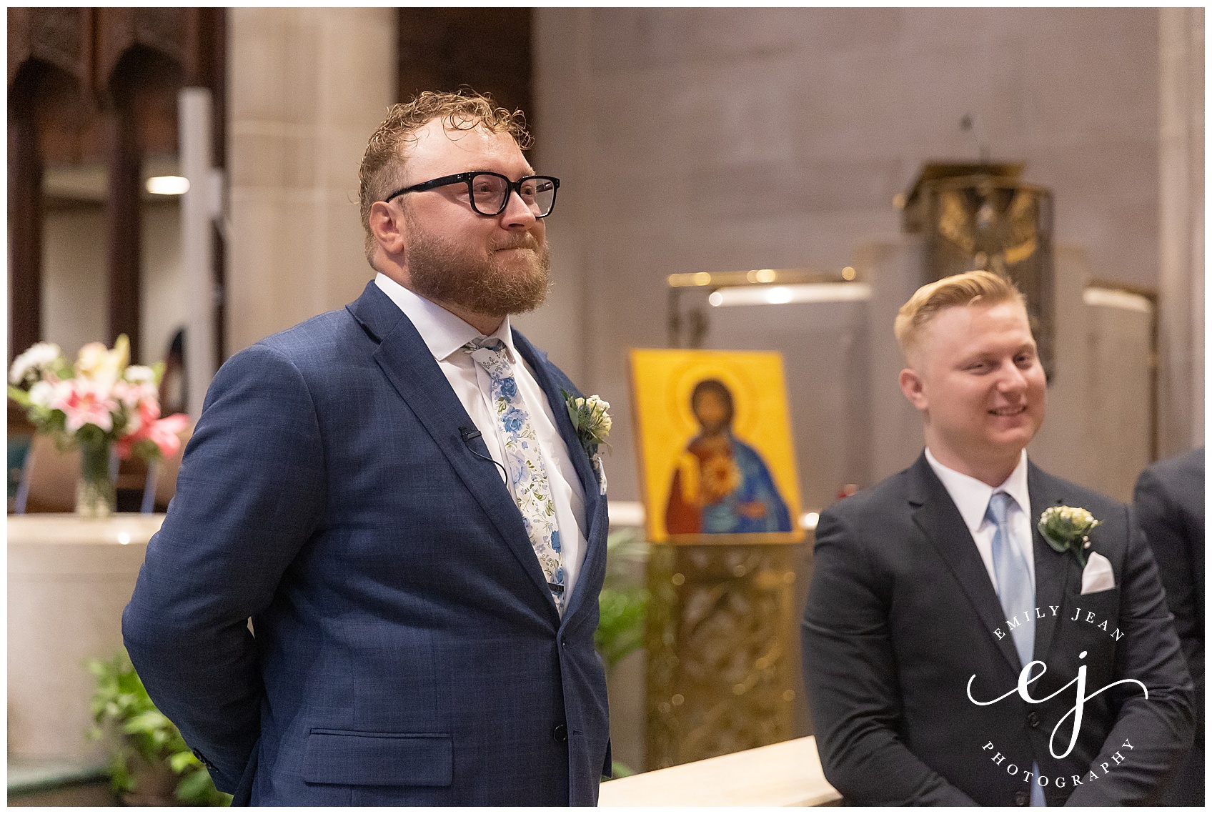 groom reaction while bride walks down the aisle at the cathedral