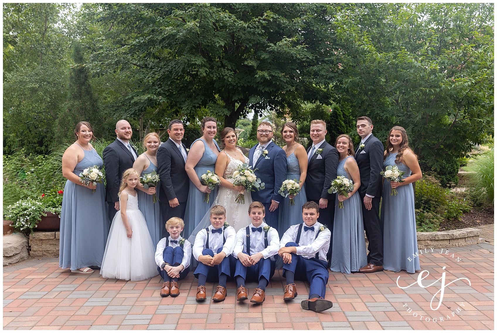 full bridal party soft blue and navy with ushers and flower girl