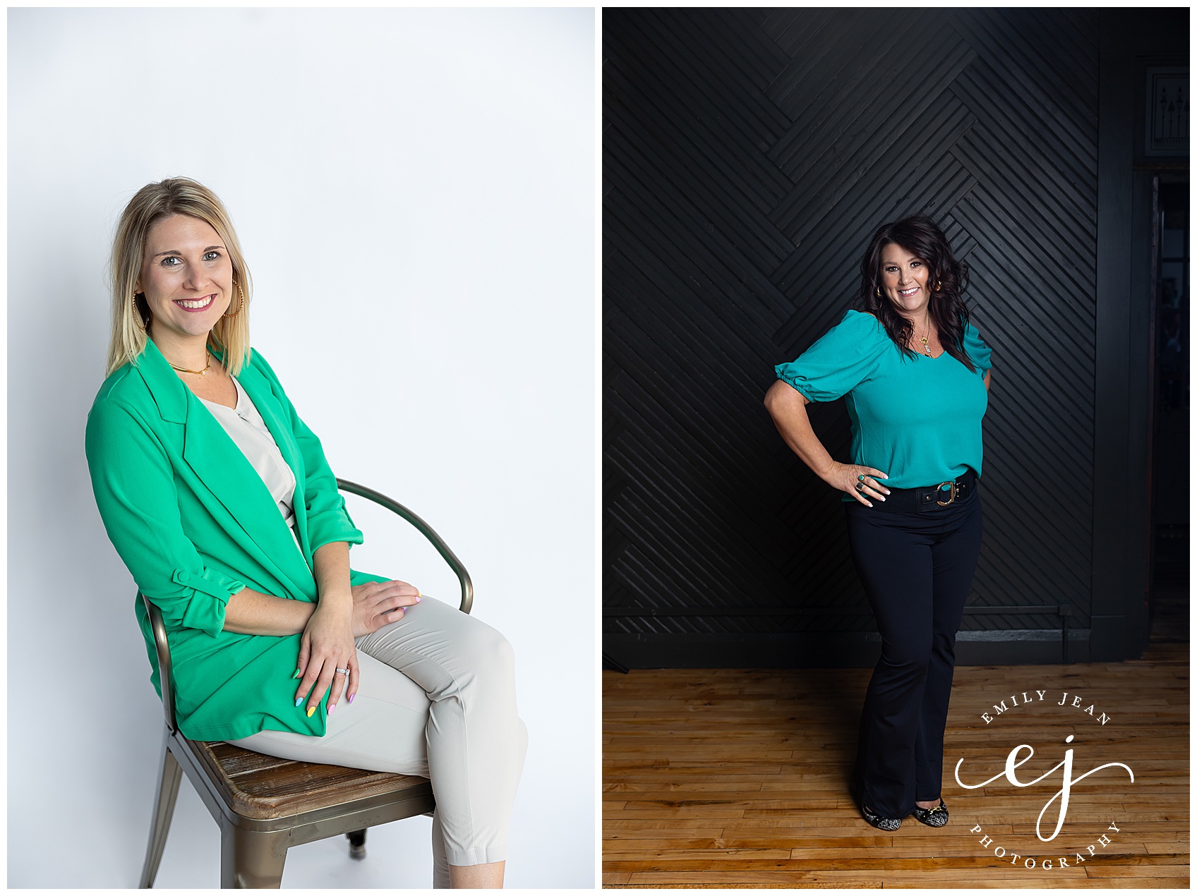 hilary hoff and katie johnson real estate agent pose against backdrops