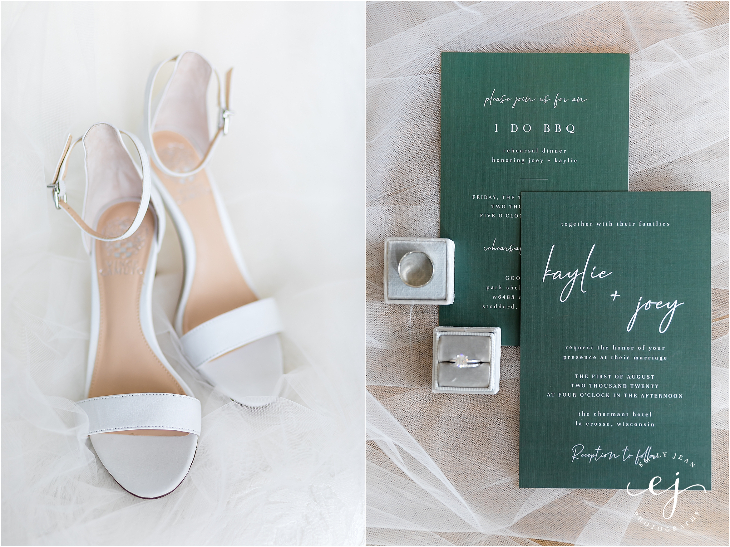 the charmant hotel wedding white shoes and green invitation