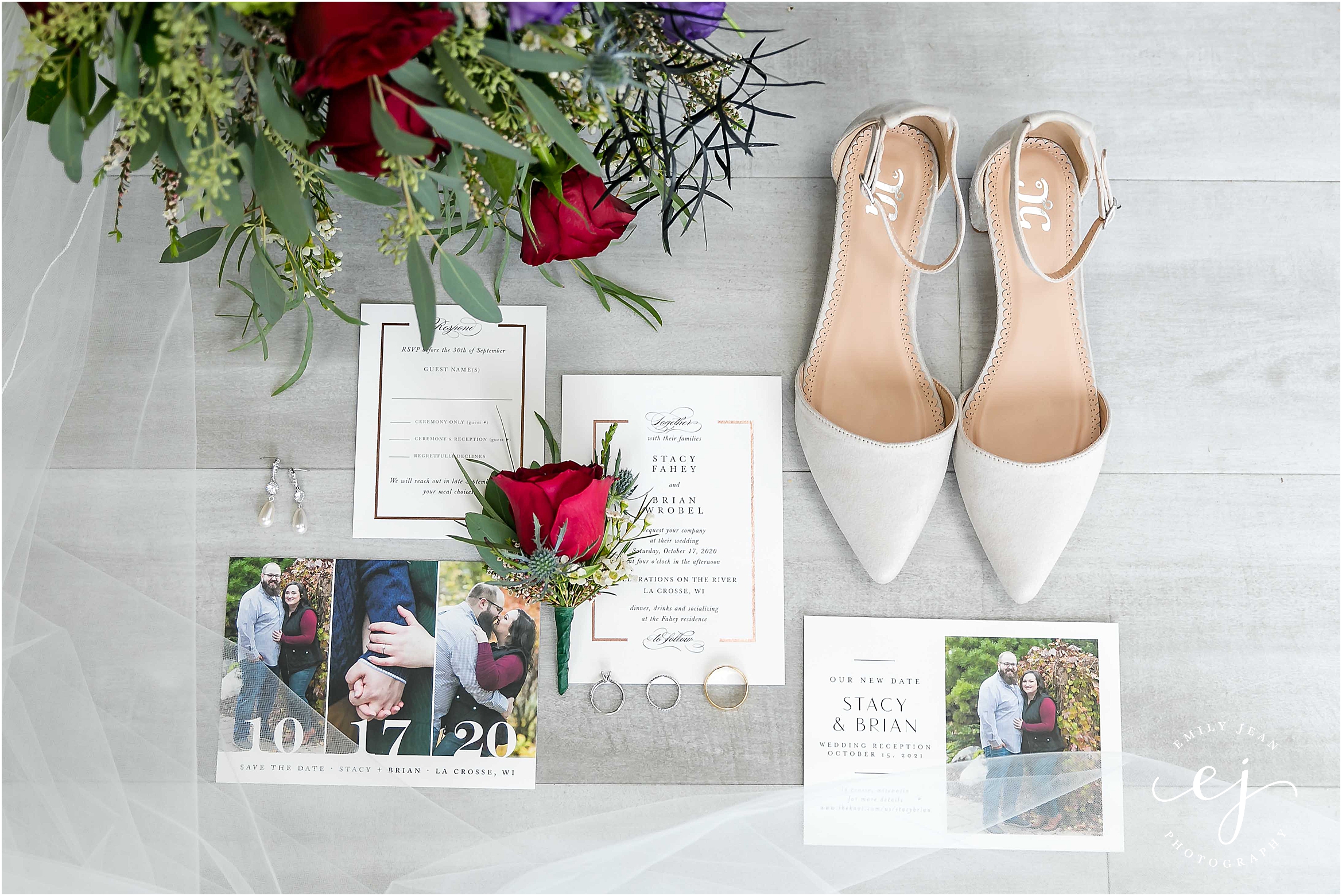 wisconsin wedding celebrations on the river layflat with flowers and invitation