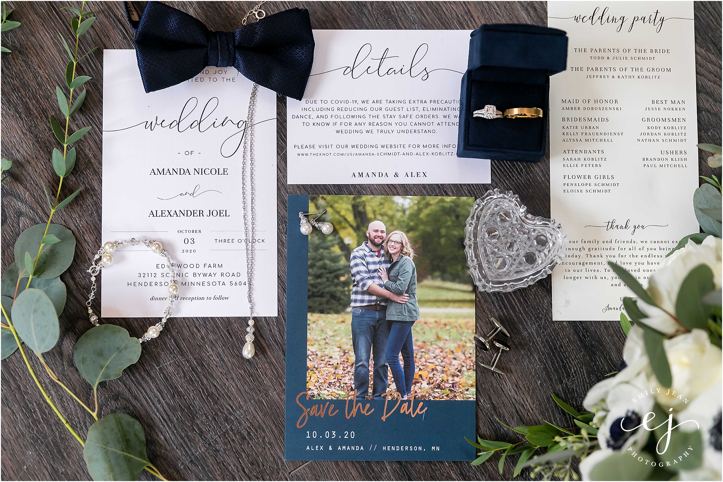 wedding invitation suite navy and greenery with gold jewelry