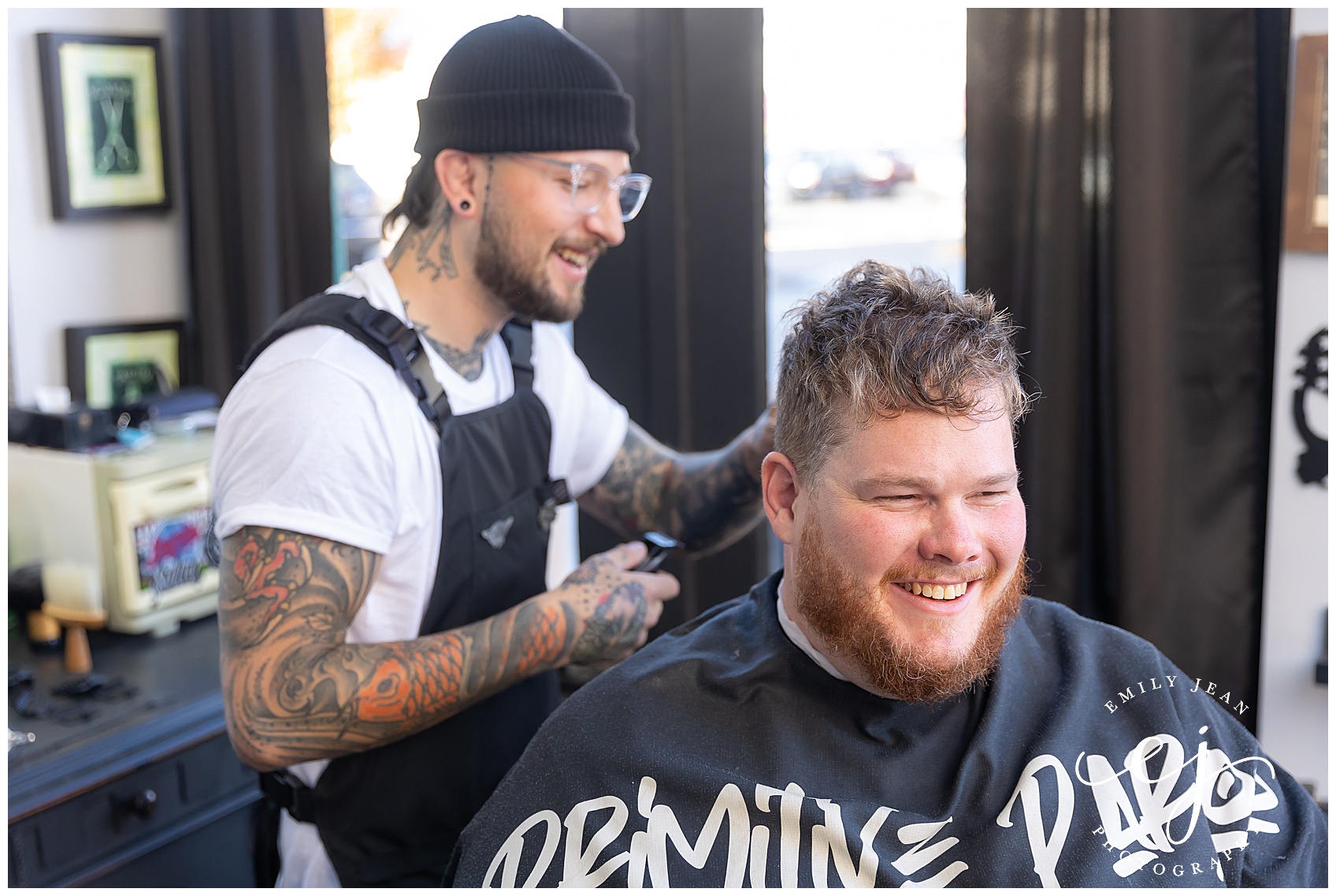 Groom getting haircut on wedding day at primitive parlour la crosse wisconsin downtown