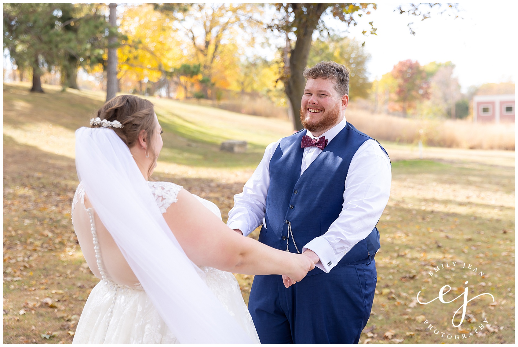 first look bride and groom outside in late autumn october la crosse wisconsin