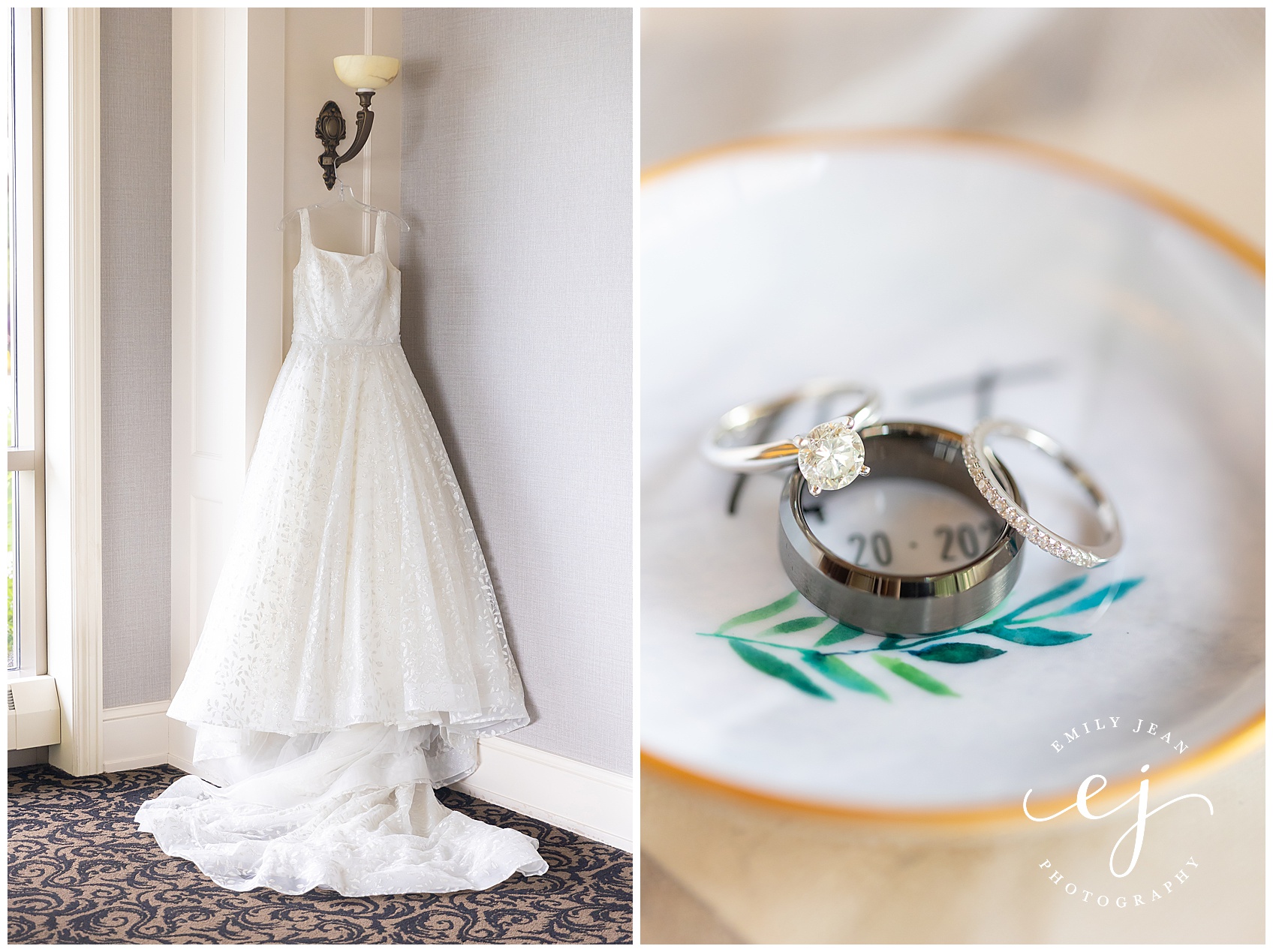 wedding dress and rings in a ring dish at the cargill room waterfront wedding