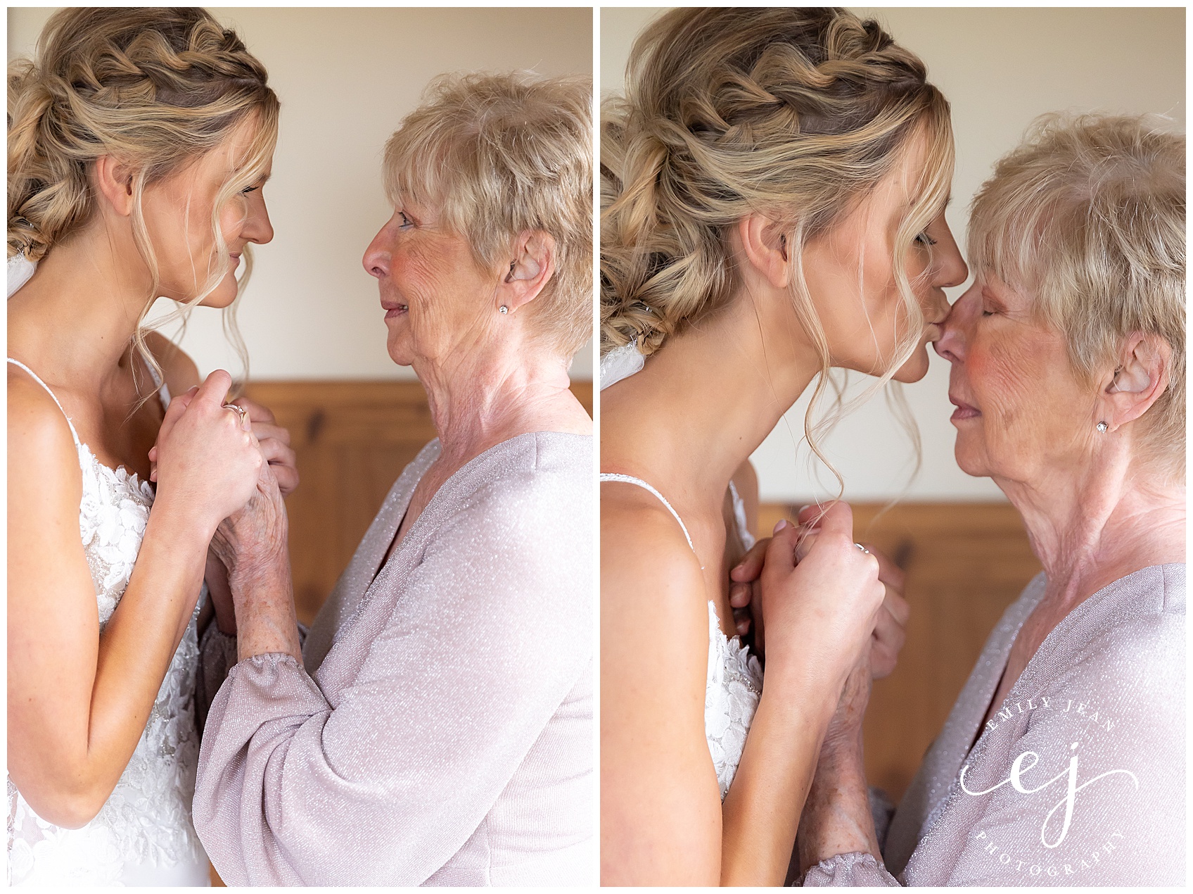 bride and grandma holding hands on wedding day